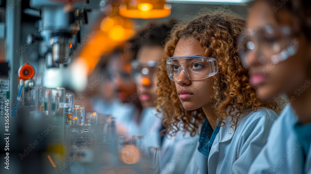 Obraz premium Science Lab Experiment: Students Conducting Experiments in Lab