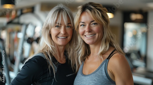 Two women smiling at the camera in a gym.