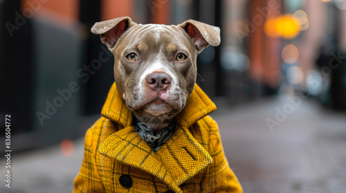 Dapper dog strolls through the city streets in tailored fashion, a charismatic blend of street style. photo