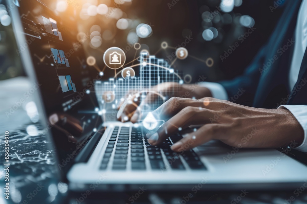 Merchants use laptop and online shopping ICONS for shopping bags with money bags, online shopping concepts, Merchants use laptop and online shopping ICONS for shopping bags with money bags, online shopping concepts,