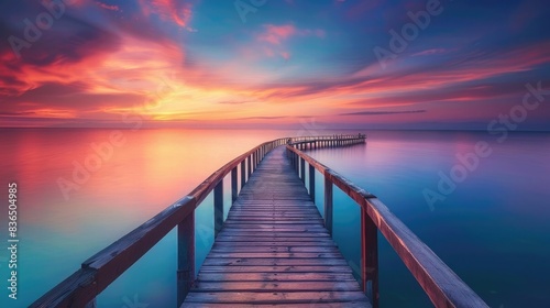 Long wooden bridge over calm sea water at sunset  tranquil landscape with colorful sky and reflection in the lake. Panoramic view of a long curved pier on the ocean horizon