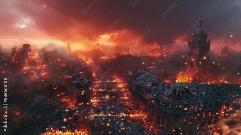 Apocalyptic cityscape, devastation and flame after war animation looping video background Apocalyptic cityscape, devastation and flame after war animation looping video background