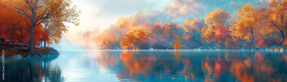 Fototapeta premium Serene autumn landscape featuring vibrant fall foliage reflecting in a calm lake under a misty sky, capturing the beauty of nature's seasonal change.