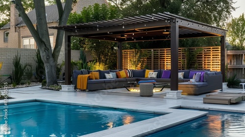  High-resolution image showcasing a backyard living area with a pergola  pool  and comfortable seating for relaxation.