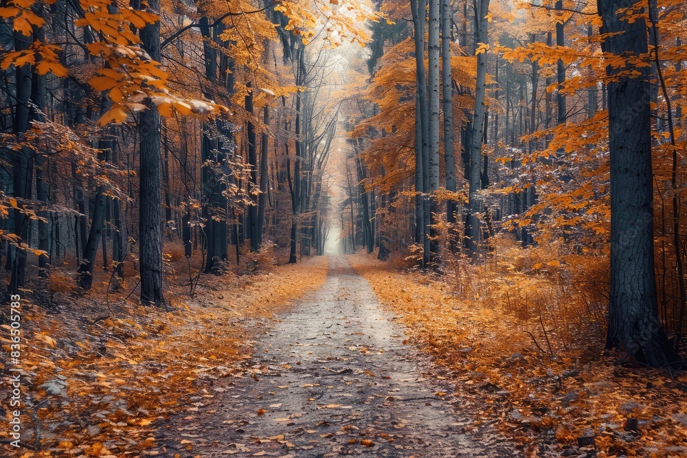 Autumn forest road in autumn leaves background. Pathway through the woods with spectacular colors of fall. 