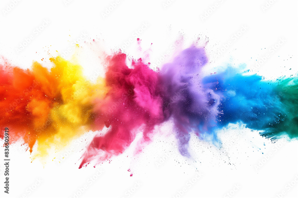 Fototapeta premium colorful rainbow holi paint color powder explosion isolated white wide panorama on white background.