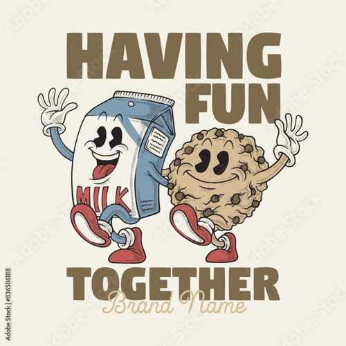 retro cartoon emblem of milk and cookies