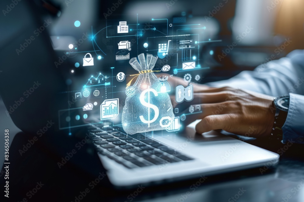 Merchants use laptop and online shopping ICONS for shopping bags with money bags, online shopping concepts, Merchants use laptop and online shopping ICONS for shopping bags with money bags, online shopping concepts,