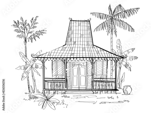 Joglo java traditional house hand drawing sketch illustration wooden Javanese home architecture style with trees in village