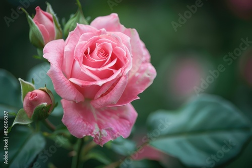 Close-up of pink rose and bud growing outdoors. Pink roses bloom in the summer.