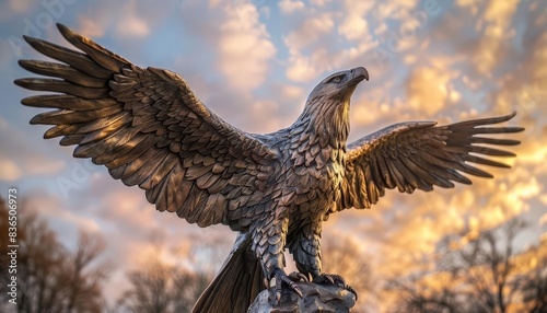 Capture a majestic eagle sculpture against a vibrant sky, highlighting its wings in bronze tones, with clouds swirling in the backdrop, in a photorealistic style