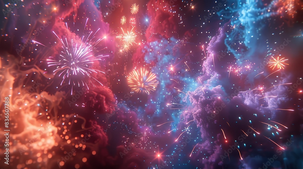 Fototapeta premium Capture a spectacular wide-angle view of fireworks exploding in a night sky, showcasing vibrant colors and dynamic motion, digitally illustrated in a photorealistic style