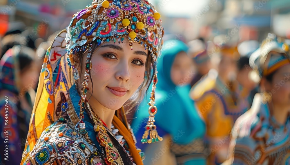 Capture a vibrant, wide-angle view showcasing a diverse minority group with colorful attire against a bustling city backdrop Capture a vibrant, wide-angle view showcasing a diverse minority group with colorful attire against a bustling city backdrop