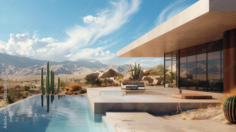 modern pool in the desert, desert house, cacti and mountains on background, architectural photography,