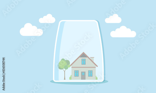 House insurance ensures protection for homes, apartments, and real estate, concept of Tiny home shielded by robust glass covering for security