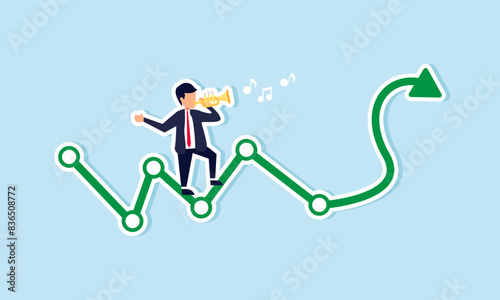 Investment profit growth, monetary policy control, market domination or manipulation, concept of Smart businessman playing flute to charm investment graph arrow up