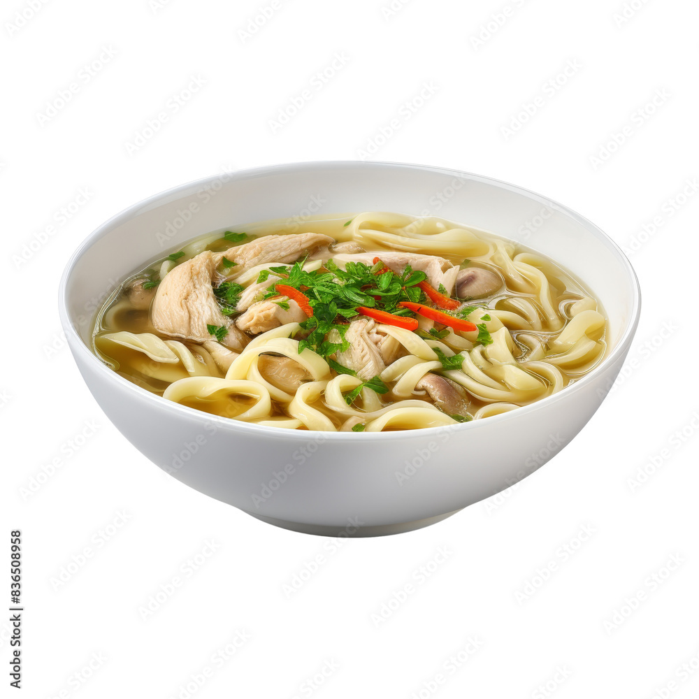 Delicious bowl of noodle soup with chicken, garnished with fresh herbs and vegetables, perfect for a comforting meal or food-related content. Delicious bowl of noodle soup with chicken, garnished with fresh herbs and vegetables, perfect for a comforting meal or food-related content.