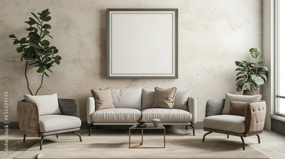 Armchair and sofa near beige wall with frame. Farmhouse interior design of modern living room. Armchair and sofa near beige wall with frame. Farmhouse interior design of modern living room.