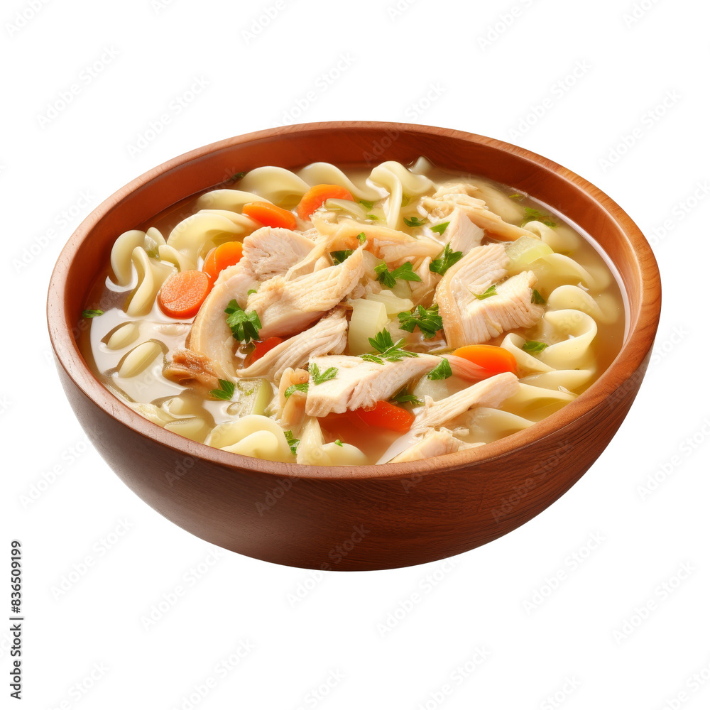 A wooden bowl filled with hearty chicken noodle soup, featuring chunks of chicken, carrots, and parsley. Perfect for a comforting meal. A wooden bowl filled with hearty chicken noodle soup, featuring chunks of chicken, carrots, and parsley. Perfect for a comforting meal.