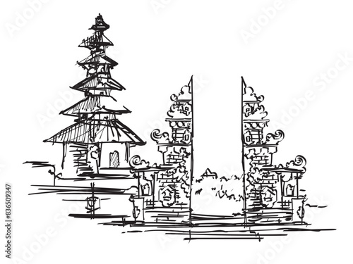 Bali temple Balinese building architecture gate traditional hand drawing sketch illustration temple Indonesia