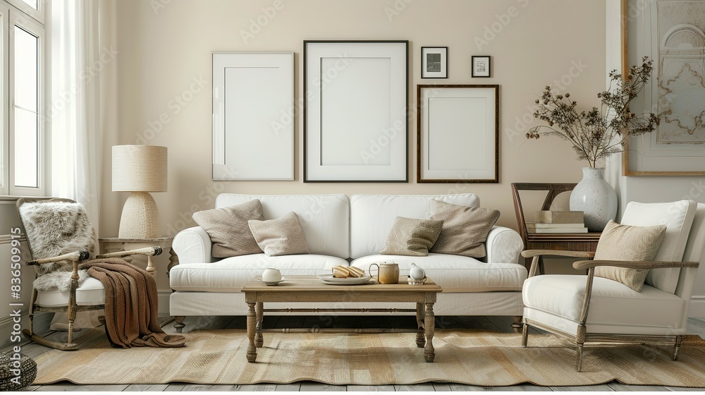 Armchair and sofa near beige wall with frame. Farmhouse interior design of modern living room. Armchair and sofa near beige wall with frame. Farmhouse interior design of modern living room.