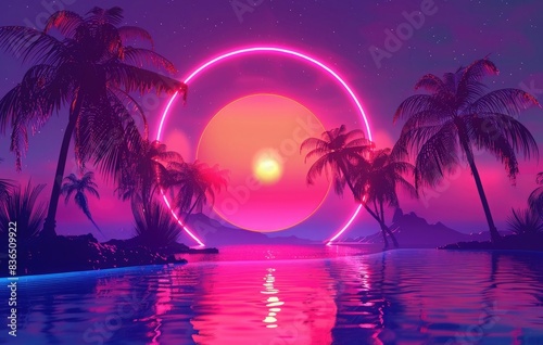 neon light  synthwave background with palm trees and water  vector illustration  3d render  digital art   glowing neon circle in the sky 
