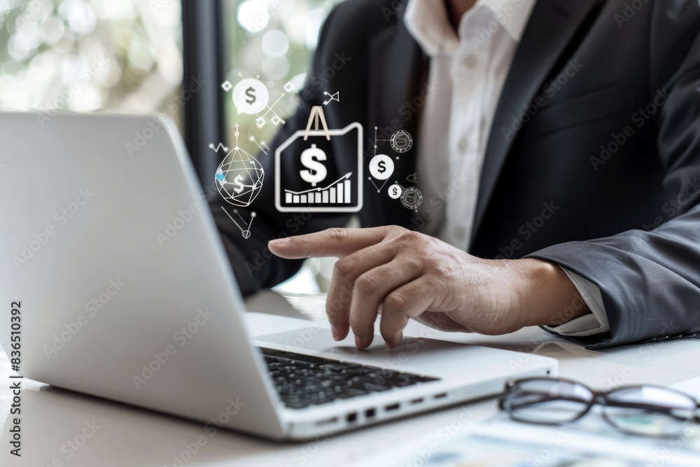 Merchants use laptop and online shopping ICONS for shopping bags with money bags, online shopping concepts,
Merchants use laptop and online shopping ICONS for shopping bags with money bags, online shopping concepts,