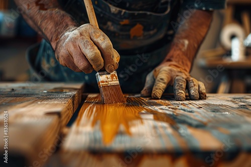 Close-up of a carpenter applying stain © Artgalax