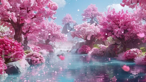 Enchanting Cherry Blossom Garden with Water
