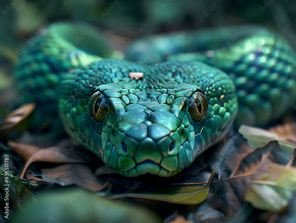 close up of an emerald green snake with its head peeking out from behind leaves close up of an emerald green snake with its head peeking out from behind leaves
