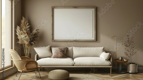 Armchair and sofa near beige wall with frame. Farmhouse interior design of modern living room.