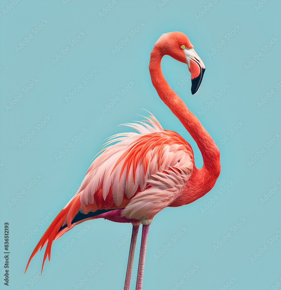 Obraz premium cute pink flamingo in a simple flat illustration style using simple shapes. The art design has a solid color background with a full body portrait of the flamingo 