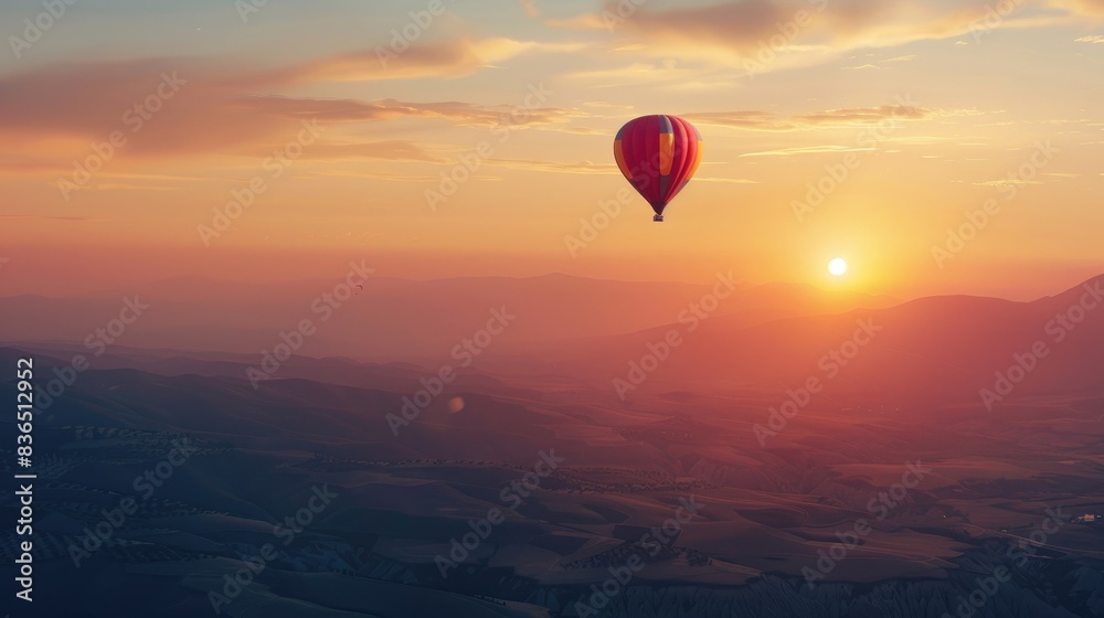 A lone hot air balloon floating high above the mountains during sunset, representing the spirit of freedom A lone hot air balloon floating high above the mountains during sunset, representing the spirit of freedom