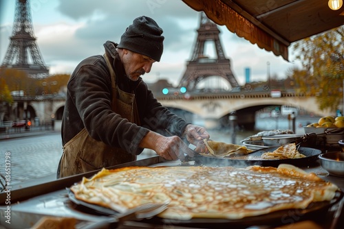 Fototapeta Naklejka Na Ścianę i Meble -  A street vendor in Paris prepares crepes with a view of the iconic Eiffel Tower. Steam rises from the hot pan as the vendor carefully flips the golden brown crepe