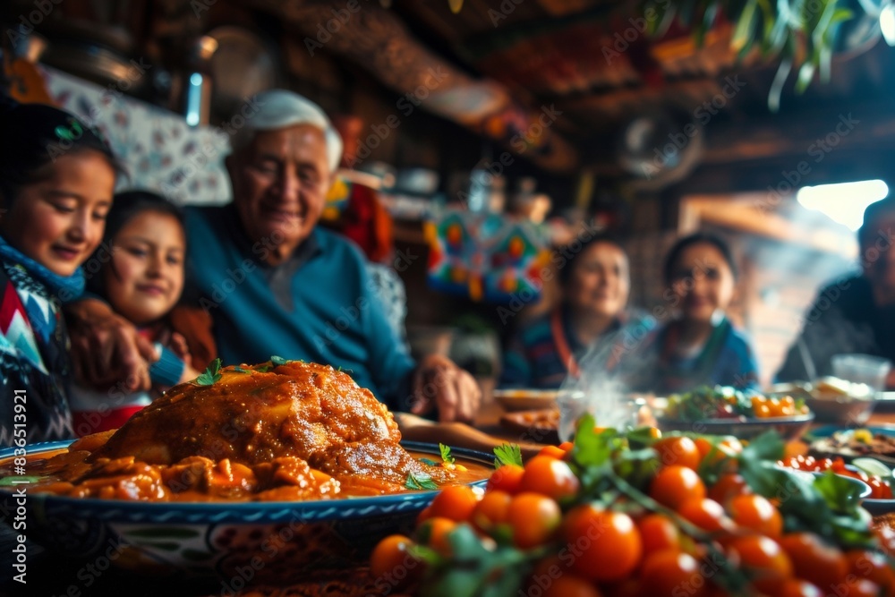 Obraz premium Latino Family Celebrates New Citizenship with Traditional Meal at Home, Exuding Happiness and Togetherness