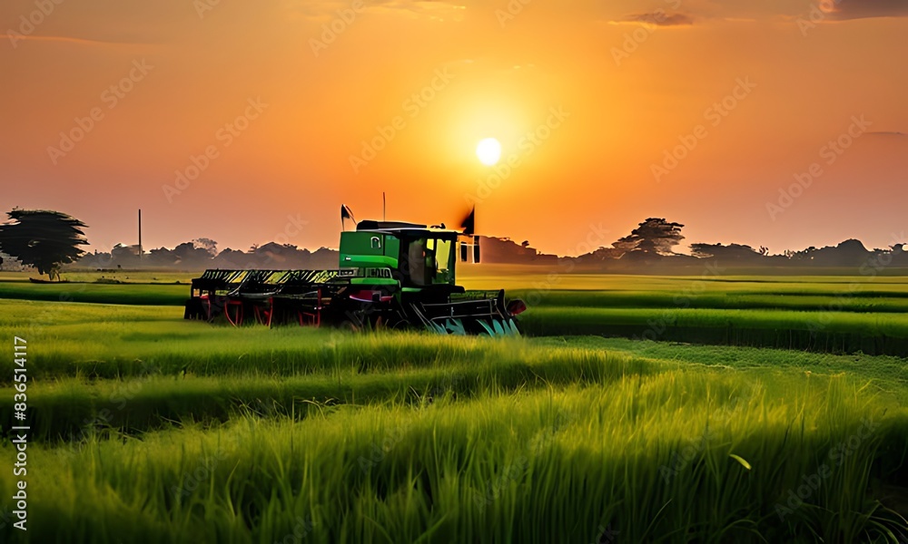 Fototapeta premium combine harvester working on a field sun and sky 