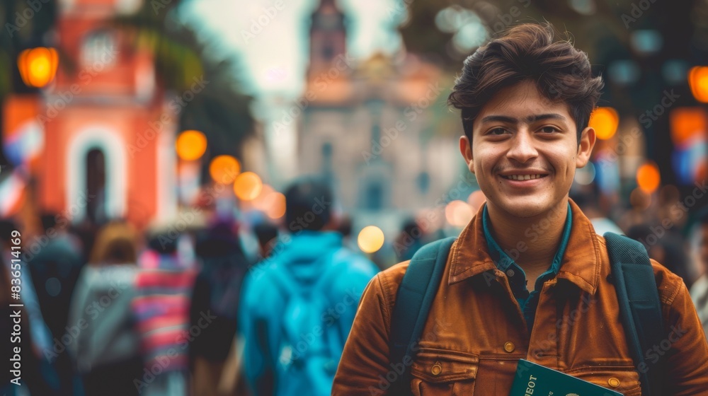 Joyful Hispanic Man Celebrating New Citizenship with Passport in Vibrant Cityscape Joyful Hispanic Man Celebrating New Citizenship with Passport in Vibrant Cityscape