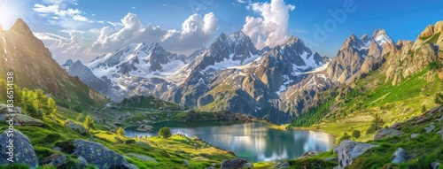panoramic view of the mountain range with snowcapped peaks and lake at dawn in the sacred mountains, france, blue sky. summer landscape with beautiful natural scenery. photo