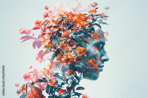 Floral harmony double exposure portrait of a woman with flowers in her hair and on her face