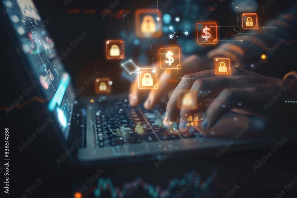 The businessman's hand uses a laptop, pointing to a virtual screen of money bag ICONS, charts or financial development charts, budgets and financial planning concepts. The businessman's hand uses a laptop, pointing to a virtual screen of money bag ICONS, charts or financial development charts, budgets and financial planning concepts.