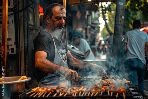 Fototapeta Naklejka Na Ścianę i Meble -  A street food vendor in Athens, Greece prepares souvlaki on a grill, with smoke billowing around him