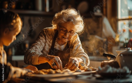 Joyful Multi-Generational Baking: Elderly Grandmother and Young Grandchildren Making Cookies in Sunlit Kitchen