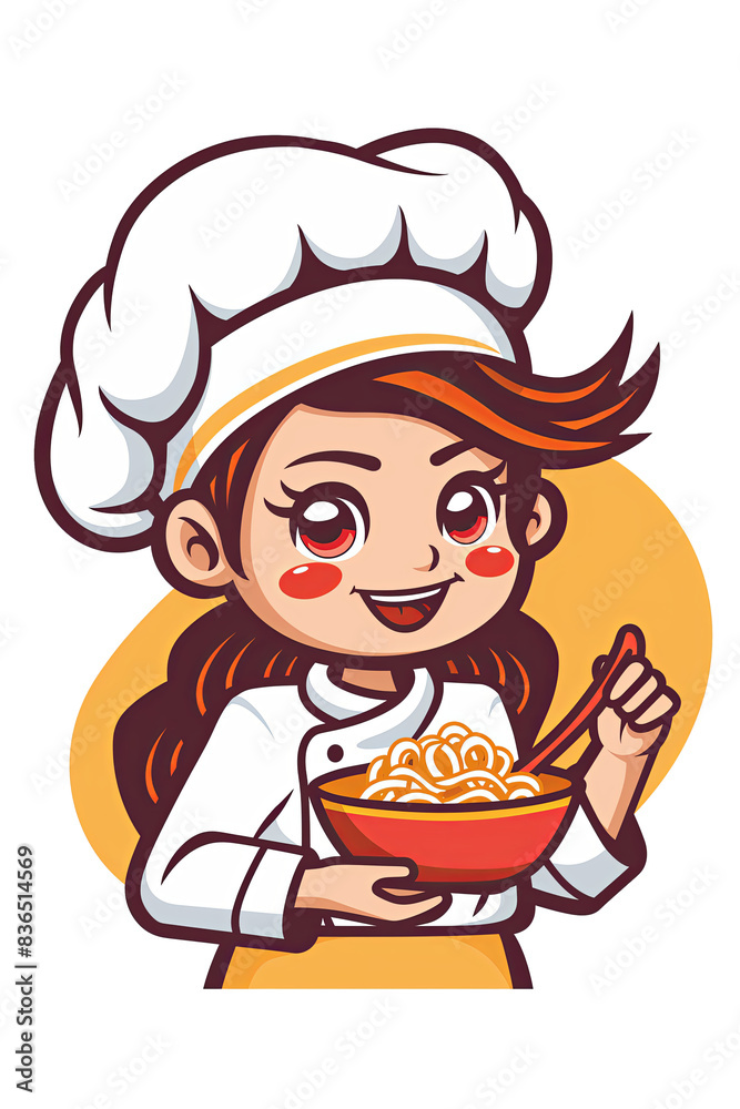 cute girl as chef with noodle in bowl logos, emblems, labels, badges. vector style cute girl as chef with noodle in bowl logos, emblems, labels, badges. vector style
