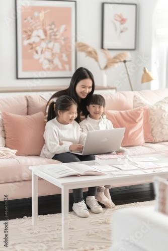 Financial Planning in Cozy Home Setting: Family Engages with Advisor Online in Pink and White Decorated Living Room
