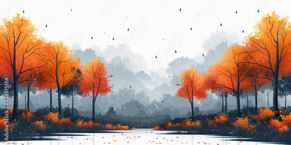illustration of trees and rain clouds in a forest landscape with a flat ...