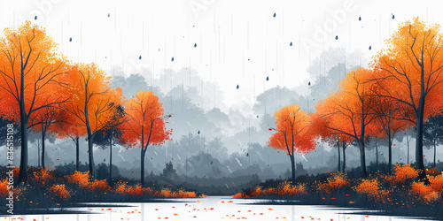 illustration of trees and rain clouds in a forest landscape with a flat design and white background