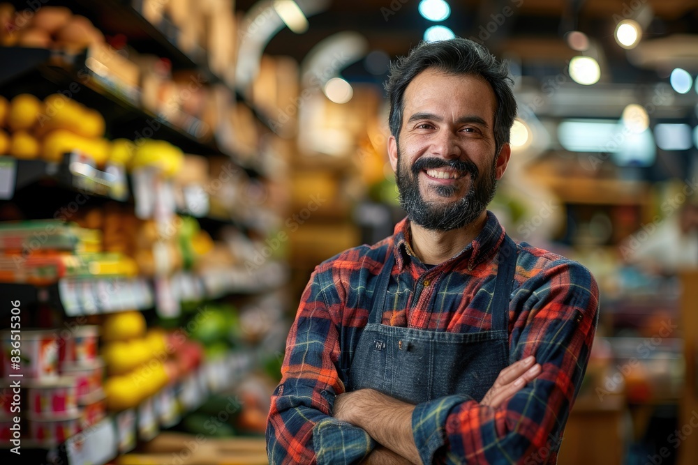 Fototapeta premium Smiling Grocer in Plaid Shirt at Produce Aisle