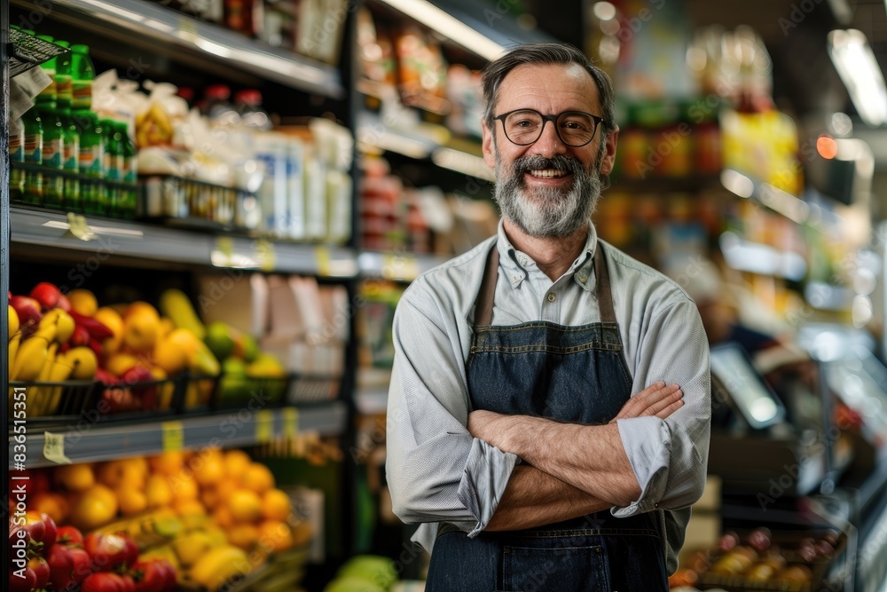 Smiling Grocer in Plaid Shirt at Produce Aisle Smiling Grocer in Plaid Shirt at Produce Aisle