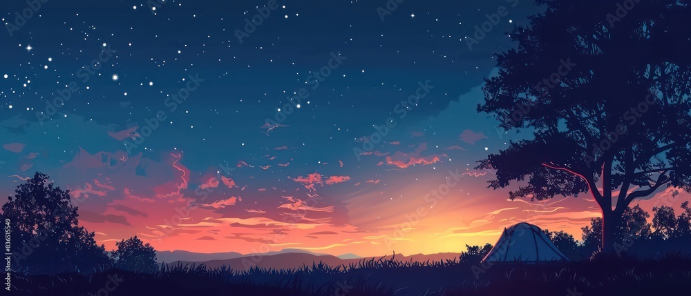 wallpaper with a tent isolated in a field at night with some stars in the sky wallpaper with a tent isolated in a field at night with some stars in the sky