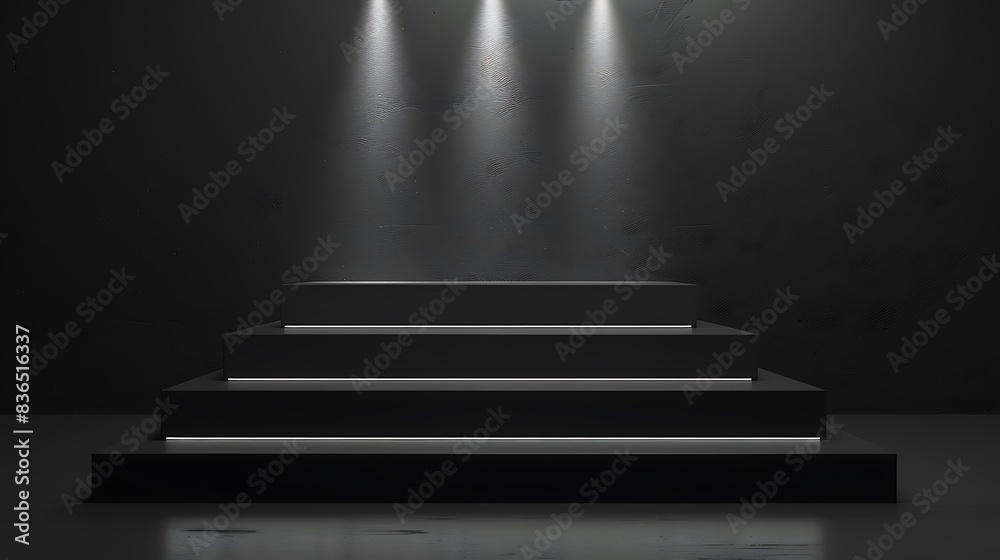 Obraz premium Modern podium background with sleek, minimalist design. Monochrome color scheme with soft spotlights illuminating the podium